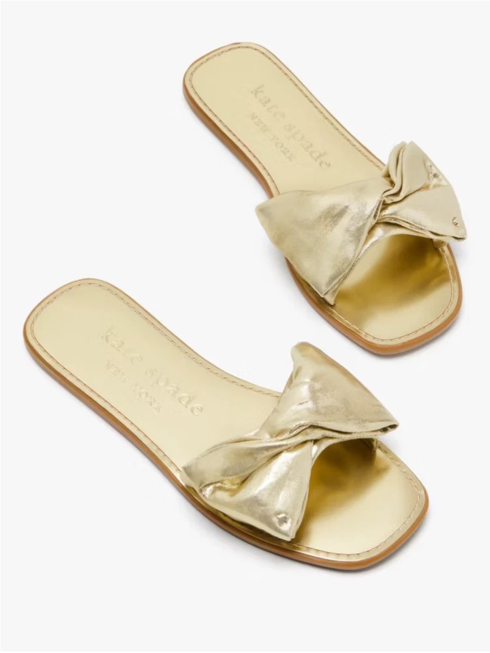 Kate Spade Bikini Bow Slide Sandals Metallic Gold Size 8 Flats Preppy Puffy Bow